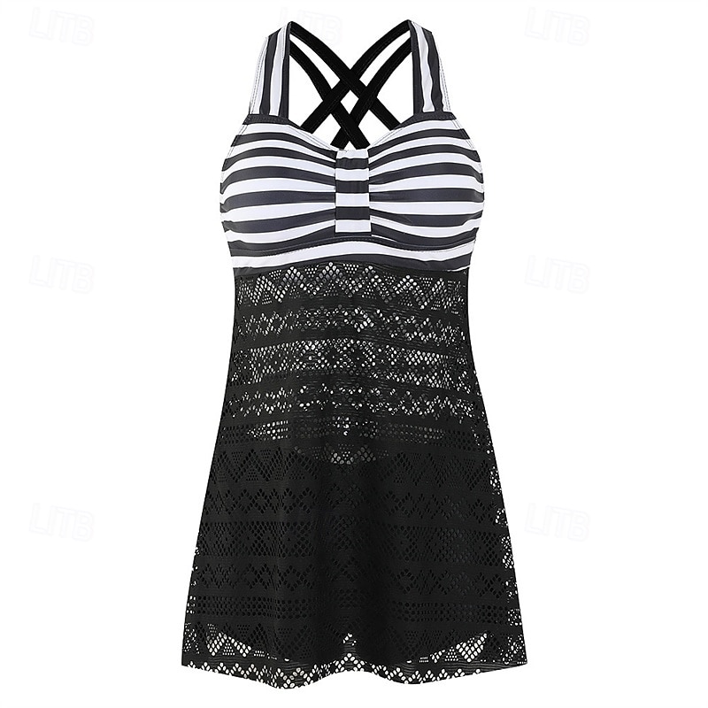 Women's Tankini Two Piece Swimsuit Lace Swimwear Stripes Swimwear Black Purple Breathable Quick Dry Lightweight Sleeveless - Swimming Surfing Beach Summer Spring Plus Size3