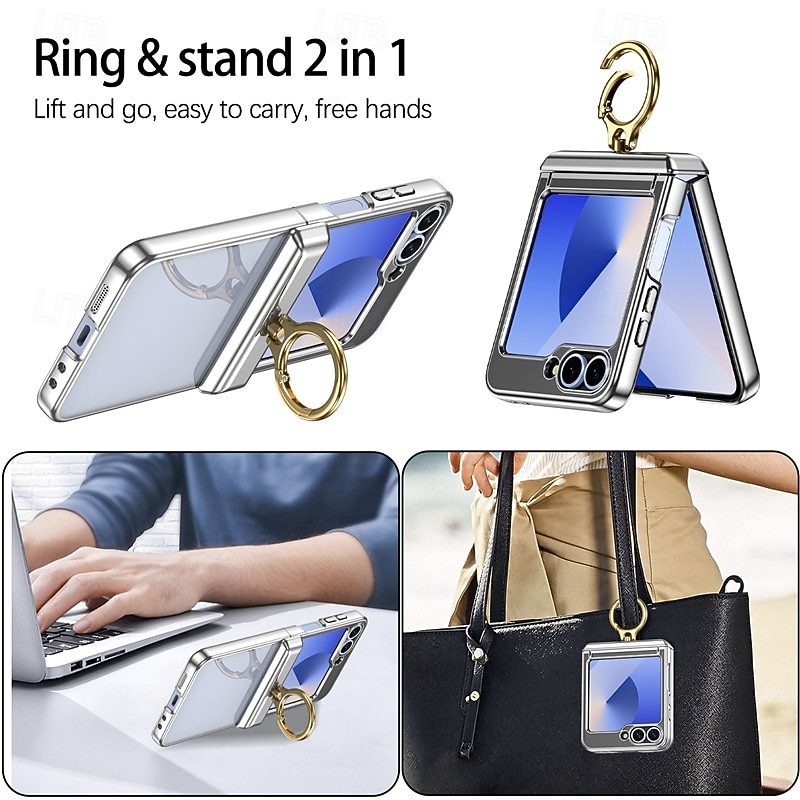 Phone Case For Samsung Galaxy Z Flip 7 Z Flip 6 Z Flip 5 Back Cover Ring Buckle Shockproof Retro Plating PC4