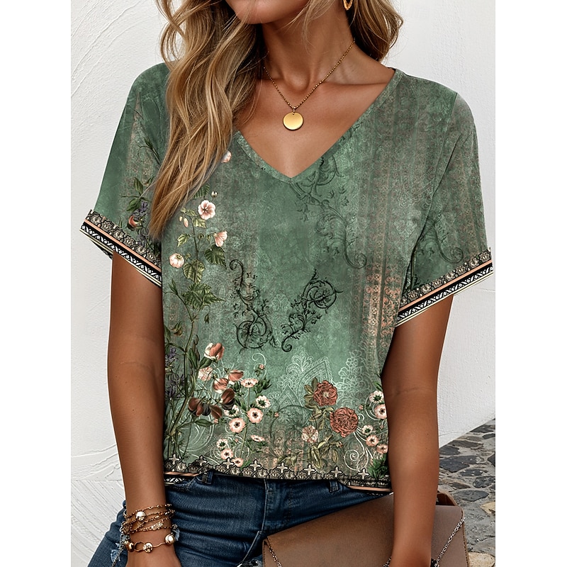 St. Patrick Women's T Shirt Ombre Floral Graphic Elegant Vintage Casual Short Sleeve V Neck Regular Tops Daily Weekend Vacation Wear Print Sage Green Summer