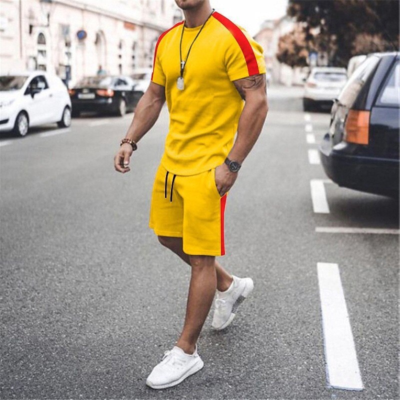 Men's Workout Set Tracksuit T shirt & Shorts Set Outfit Set Crew Neck Outdoor Daily Sports Pocket Drawstring 2 Piece Color Block Lake blue Black / White Wine Red Polyester Activewear Classic Casual4