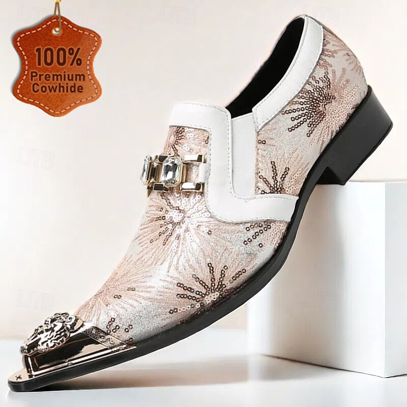 Men's Premium Cowhide Leather Loafers with Gold Tip Sequined Floral Design and Crystal Buckle Detail–Luxury Slip-On Shoes for Special Occasions and Evening Wear