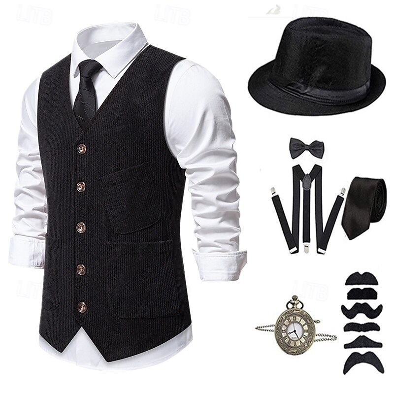 1920s Vintage Inspired The Great Gatsby Party Costume Masquerade Accessories Set Sleeveless Collarless Fancy Dress Men's Halloween Party & Evening Casual Daily Adults' Vest Hat All Seasons