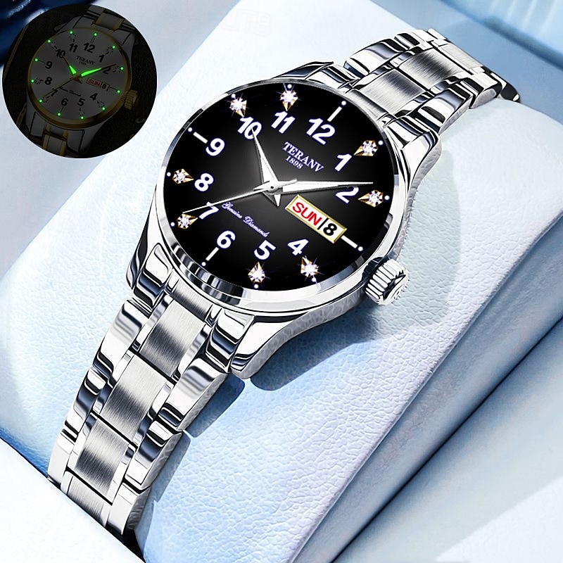 New Rhinestone Encrusted Round Dial Ladies Fashion Watch Waterproof Luminous Calendar Week Display Alloy Strap Multi-Function Business Quartz Watch Suitable For Travel And Leisure Ladies Sports Wa