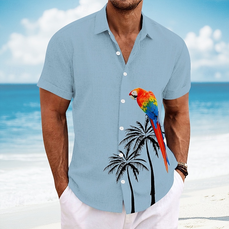 Men's Bird Coconut Tree Parrot Casual Shirt Summer Hawaiian Shirt Button Up Shirt Short Sleeve Hawaiian Resort Vacation Holiday Beach Wear Summer Spring Turndown 3D Print Collared Shirts White Blue