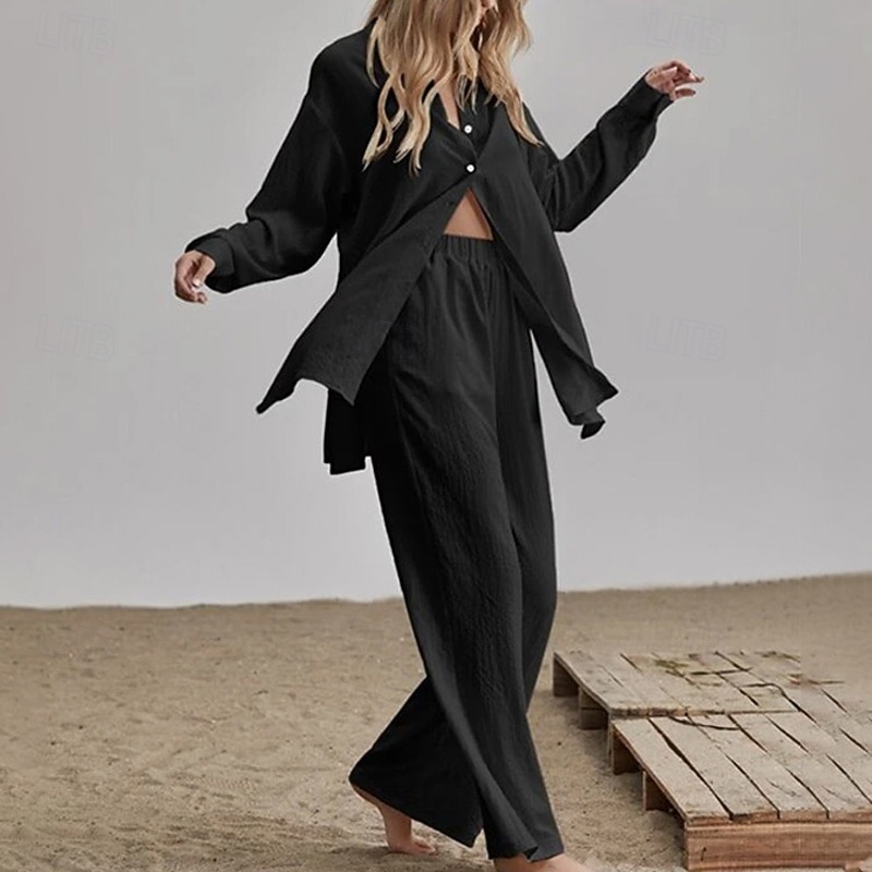 Women's Fashion Streetwear Shirt Cotton Linen Sets Two Piece Sets Linen Pants Pants Trousers Long Sleeve Shirt Collar Solid Color Daily Wear Date Black Dark Pink Beige Spring Regular Fit