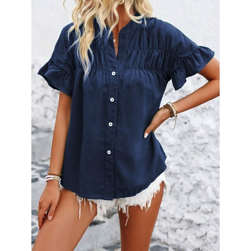 Women's Shirt Blouse Solid Color Stylish Casual Short Sleeve Crew Neck Regular Tops Daily Ruffle Buttons Silver Black Red Navy Blue Blue Summer4