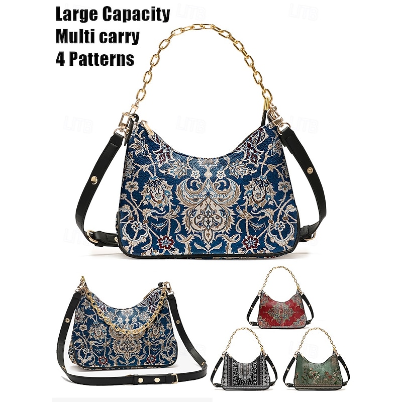 Women's Vintage Floral Print Shoulder Bag with Gold Chain Strap - Stylish and Elegant, Suitable for Casual and Formal Occasions, Great for Day or Evening Wear Black Red Blue2