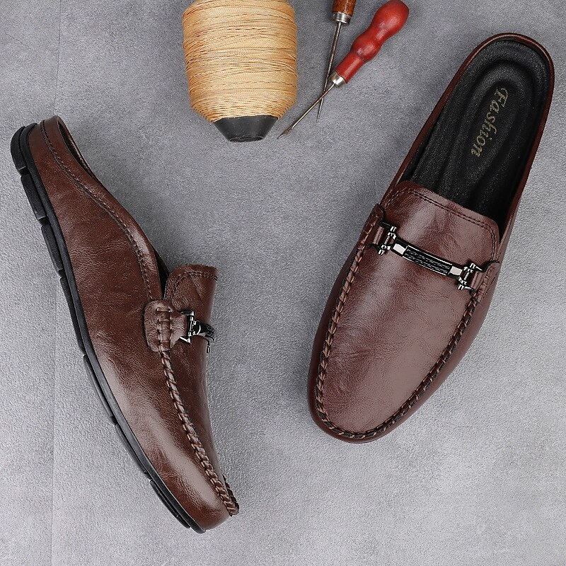 Men's Brown Slip-on Loafers with Metallic Buckle, Casual Faux Leather Shoes for Everyday Wear3