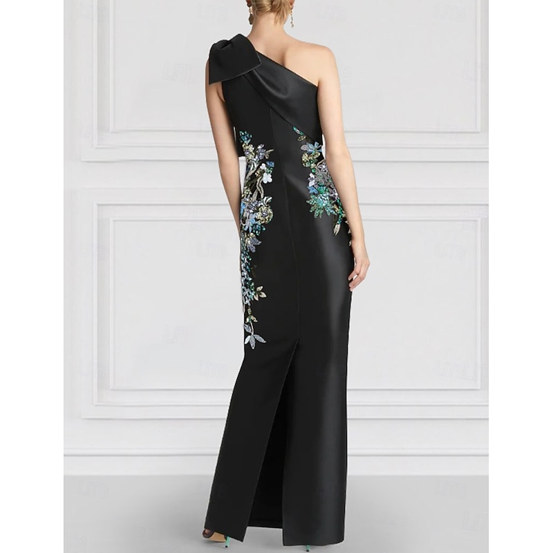 Black Floral Column Evening Gown Elegant Embroidered Dress Formal Wedding Floor Length Sleeveless One Shoulder Satin with Bow(s) Slit3