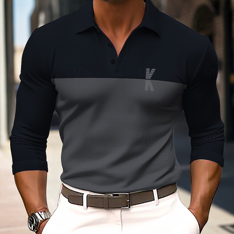 Men's Letter Polo Long Sleeve Polo Shirts Collared Shirts Business Casual School Athleisure Daily Wear 3D Print Spring Fall Winter Dark Brown Light Grey Dark Gray4