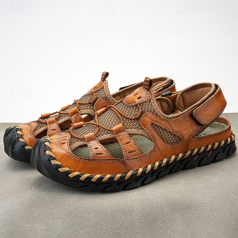 Men's Sandals Handmade Shoes Split Leather Breathable Comfortable Slip Resistant Lace-up Yellow-Brown Black Brown2