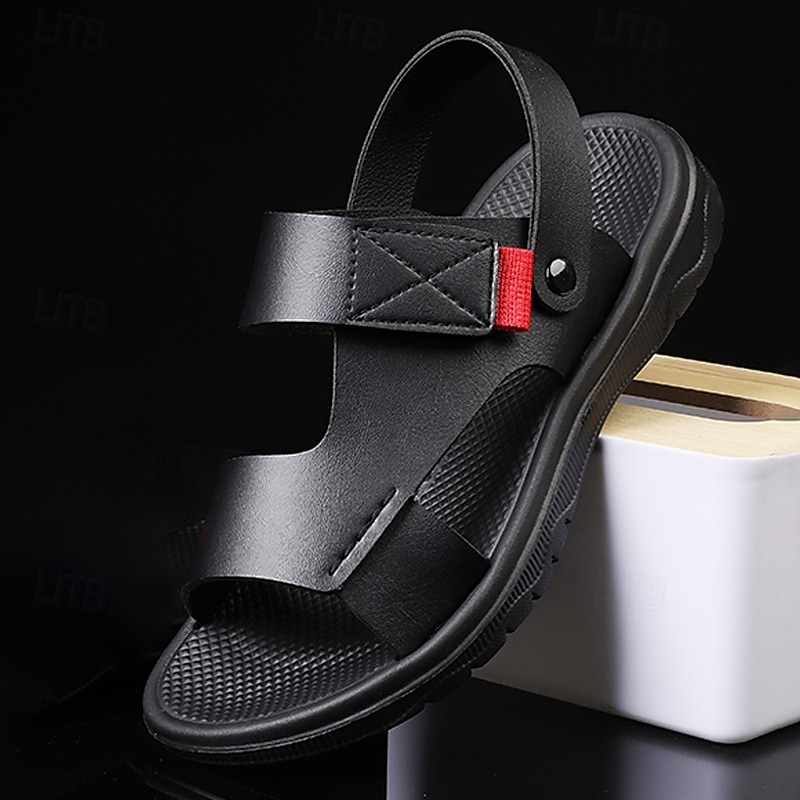 Men's Black Leather Sandals with Adjustable Velcro Strap and Stylish Red Accent, Comfortable for Casual, Outdoor and Summer Wear