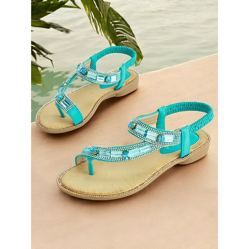 Women's Turquoise Rhinestone Embellished T-Strap Sandals – Bohemian Elastic Slingback Flat Sandals for Summer Beach & Casual Wear2