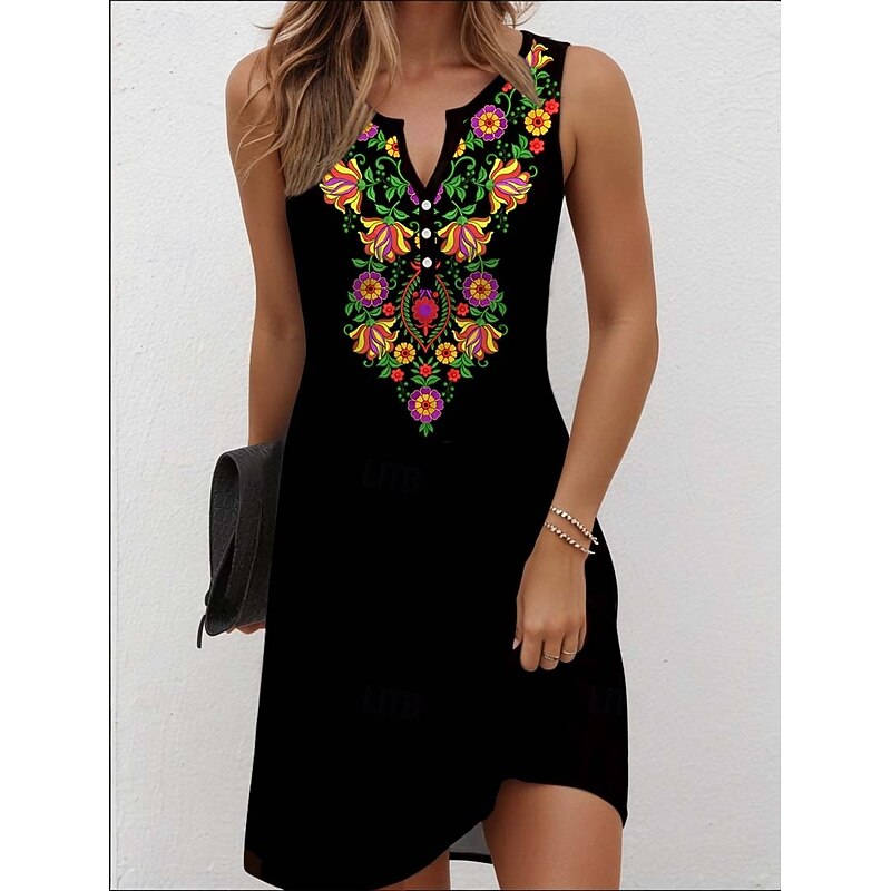 Women's Mini Dress Casual Dress Petite Dress Sundress Summer Dress Bohemia Vacation Vintage Vacation Daily Holiday Regular Fit Floral Graphic Bohemian Sleeveless V Neck Black White Summer
