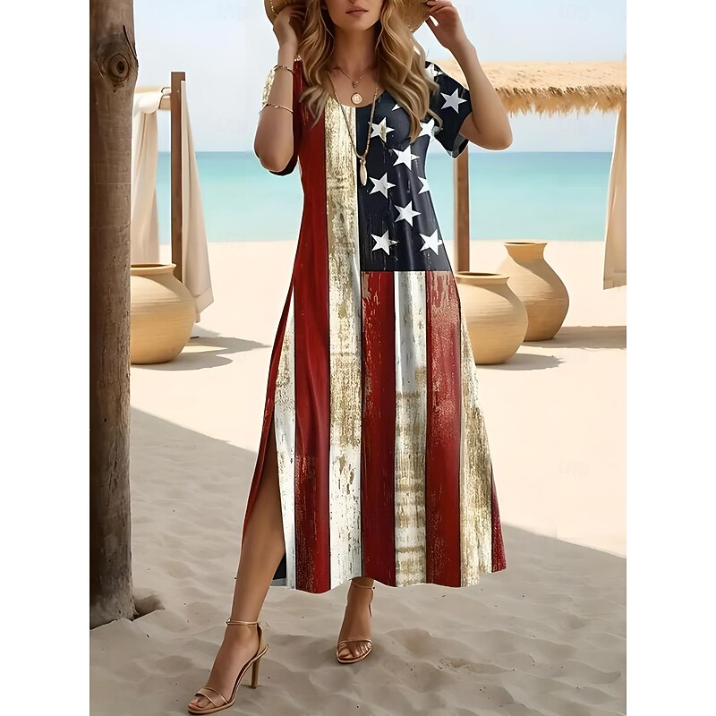 Women's Patriotic  Maxi Dress Long Sleeve Boho Dress Elegant Vintage Butterfly Sleeve Vacation Beach Regular Fit Flag Vintage Short Sleeve Crew Neck Blue Summer