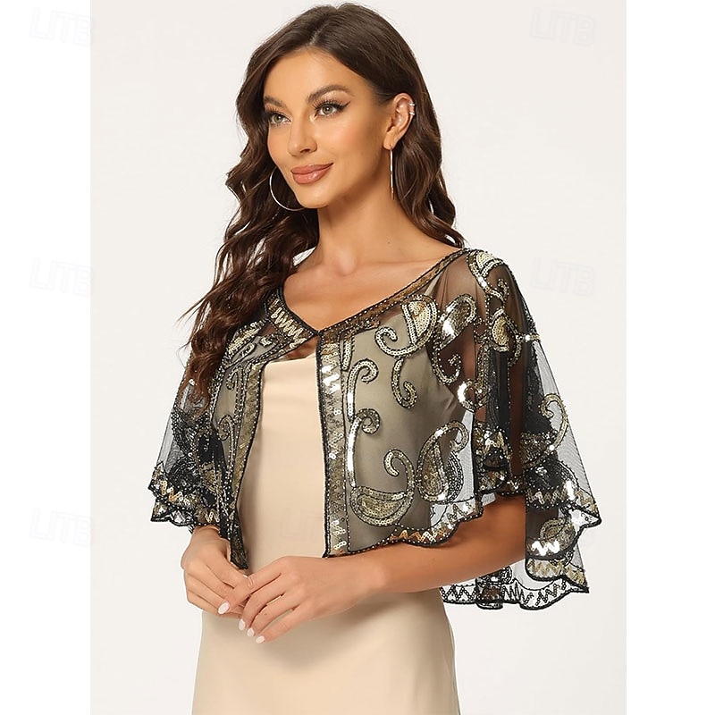 Women's 1920s Shawl Wraps Sequin Beaded Bridal Cover Up Evening Cape Flapper Bolero4