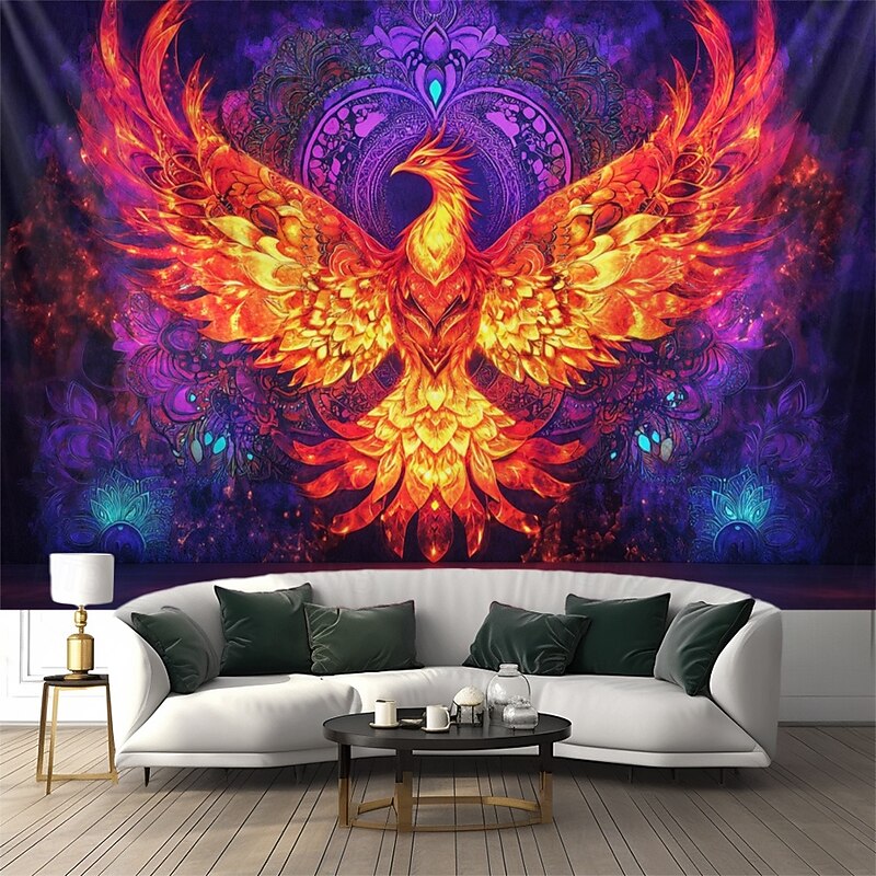 Blacklight Tapestry Glow in the Dark Glow Party UV Reactive Bohemian Totem Phenix Trippy Misty Nature Landscape Hanging Tapestry Wall Art Mural for Living Room Bedroom