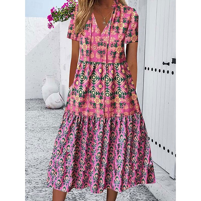 Women's Midi Dress Casual Dress Boho Dress Stylish Casual Vacation Casual Daily Loose Fit Floral Short Sleeve V Neck Pink Spring Fall