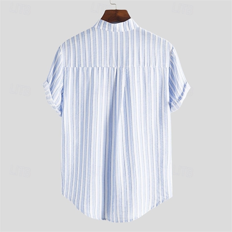 Men's Shirt Summer Shirt Casual Shirt Beach Shirt Button Up Shirt Light Blue Short Sleeve Stripe Grandad Collar Lapel Vacation Hawaiian Clothing Apparel Fashion Casual Comfortable2