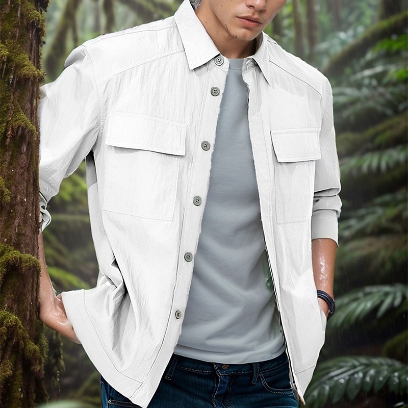 Men's Outdoor Jacket Shirt Jacket Cargo Jacket Hiking Jacket Outdoor Vacation Camping & Hiking Soft Pocket Summer Solid Color Fashion Streetwear Lapel Activewear Thin Regular Polyester Regular Fit