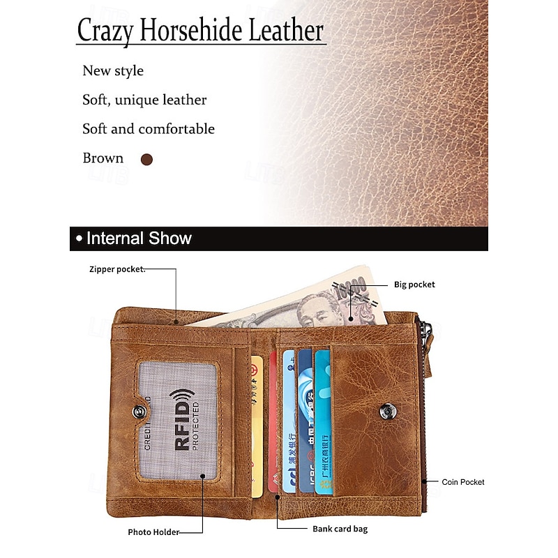 RFID-Blocking Leather Wallet for Men – Premium Cowhide with Zippered Closure, Multiple Card Slots, and Currency Compartment – Stylish and Secure Everyday Accessory Black Brown4