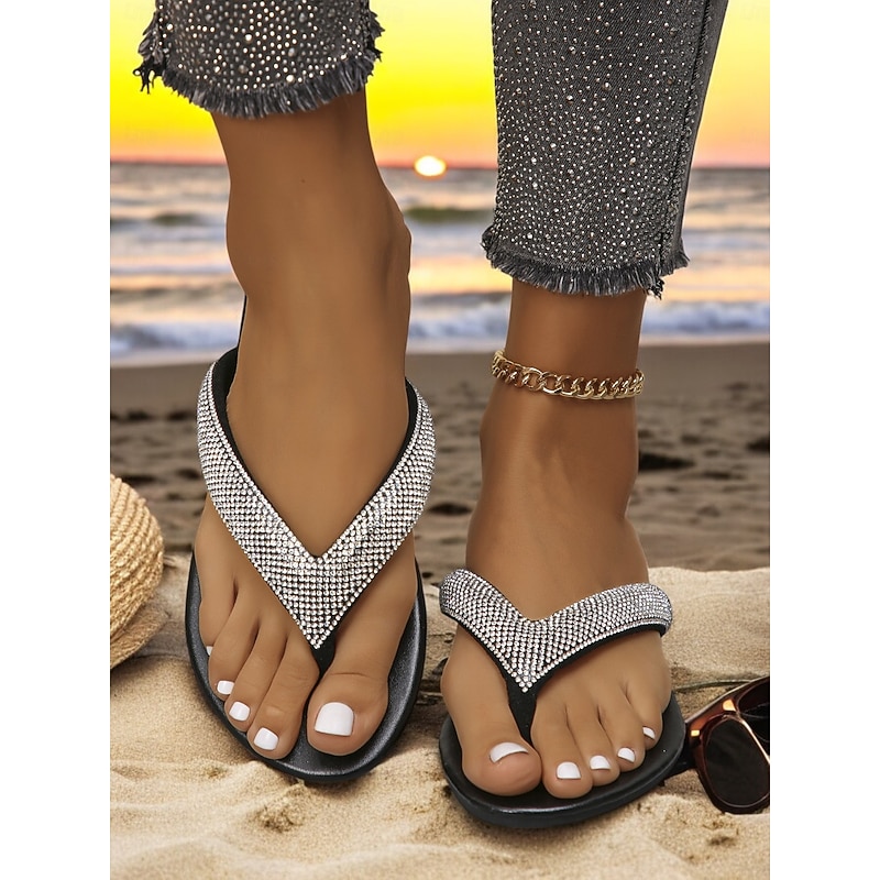 Women's Rhinestone Embellished Flip Flop Sandals – Stylish and Comfortable Casual Sandals for Summer, Beach, and Vacation2