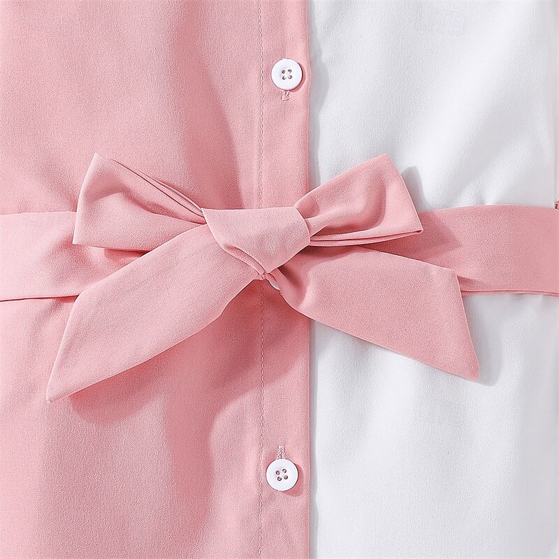 Kids Girls' Dress Color Block Short Sleeve Outdoor Casual Tie Knot Puff Sleeve Fashion Adorable Polyester Knee-length Casual Dress A Line Dress Summer Spring 4 years+ Pink3