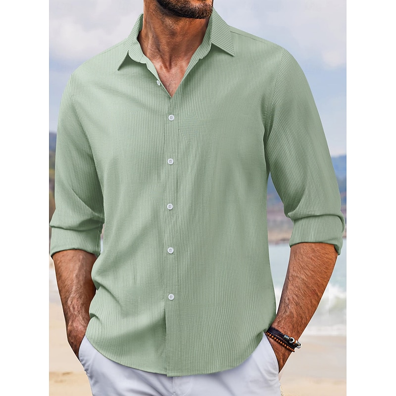 Men's Summer Shirt Casual Shirt Beach Shirt Button Up Shirt Black White Dark Navy Sky Blue Green Long Sleeve Plain Stripes Lapel Vacation Holiday Button-Down Clothing Apparel Polyester Fashion Casual2