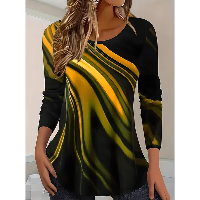 Women's T shirt Long Sleeve Crew Neck Long Sleeve Tunic Striped Color Gradient Elegant Vintage Regular Tops Daily Going out Weekend Print Yellow Red Blue Gray Prefall2