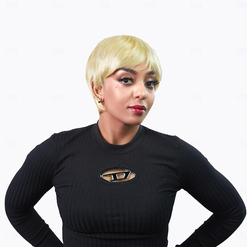 Human Hair Wig Long Curly Straight Pixie Cut Blonde Adjustable Natural Hairline For Black Women Machine Made Capless Indian Hair All Bleached Blonde Blonde / Bleached Blonde Bleach Blonde#613 6 inch3