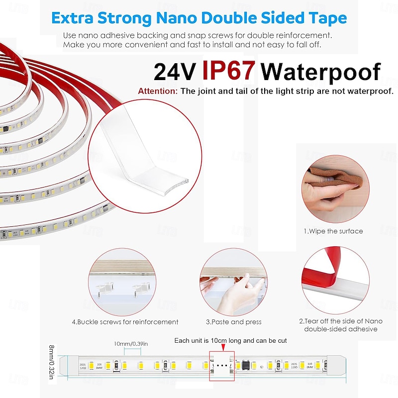 Outdoor LED Waterproof Light Strip IP67 3-12 Meter 3000K Warm Light DC24V Dimmable Silicone LED Tape Lighting High-Density 120LED 8W/M Suitable for Outdoor Wall Garden Pool Decoration4