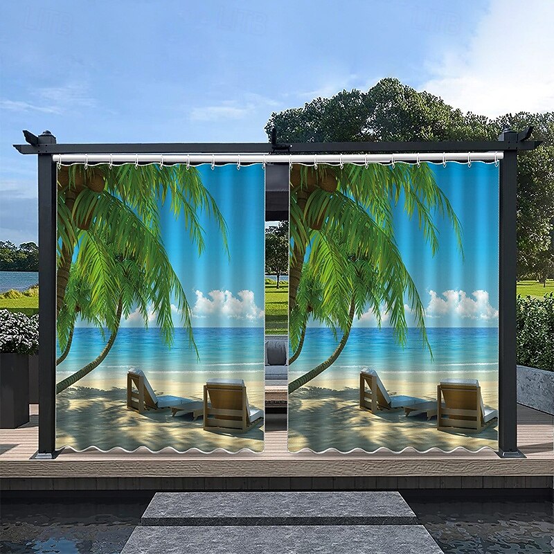 Waterproof Outdoor Curtain Privacy, Sliding Patio Curtain Drapes, Pergola Curtains Grommet 3D Landscape Beach For Gazebo, Balcony, Porch, Party, 1 Panel4