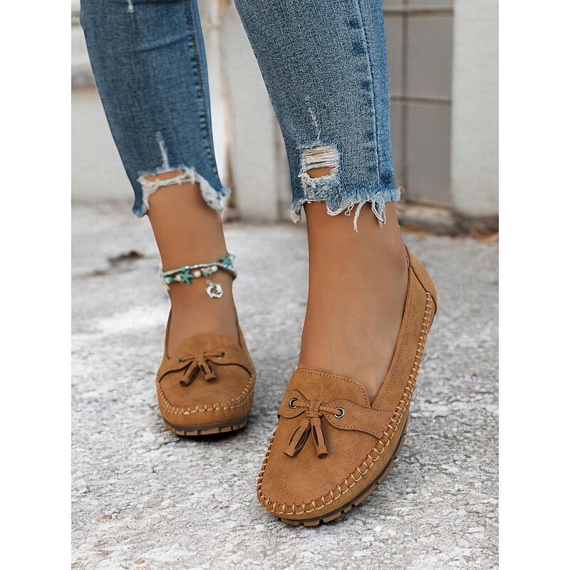 Women's Casual Blue Moccasin Loafers – Soft Suede Slip-On Flats with Tassel Bow Detail, Comfortable Driving Shoes for Everyday Wear