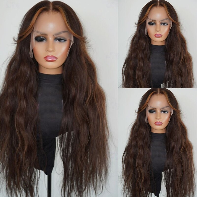Remy Human Hair 5x5 Closure 13x4 Lace Front Wig Middle Part Peruvian Hair Water Wave Brown Multi-color Wig 130% 150% Density Highlighted / Balayage Hair Glueless Pre-Plucked For Women Long Human Hair