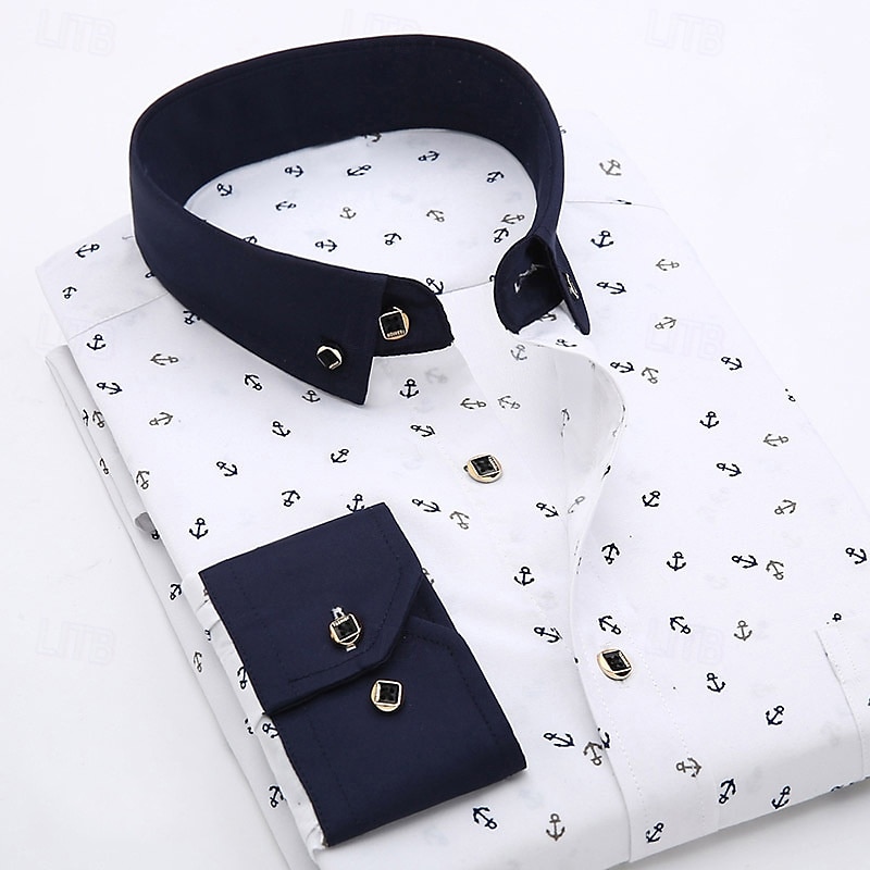 Men's Shirt Dress Shirt Button Up Shirt Anchor Wedding Party White Light Green Pink Navy Blue Long Sleeve Lapel Spring Fall Clothing Apparel Pocket3