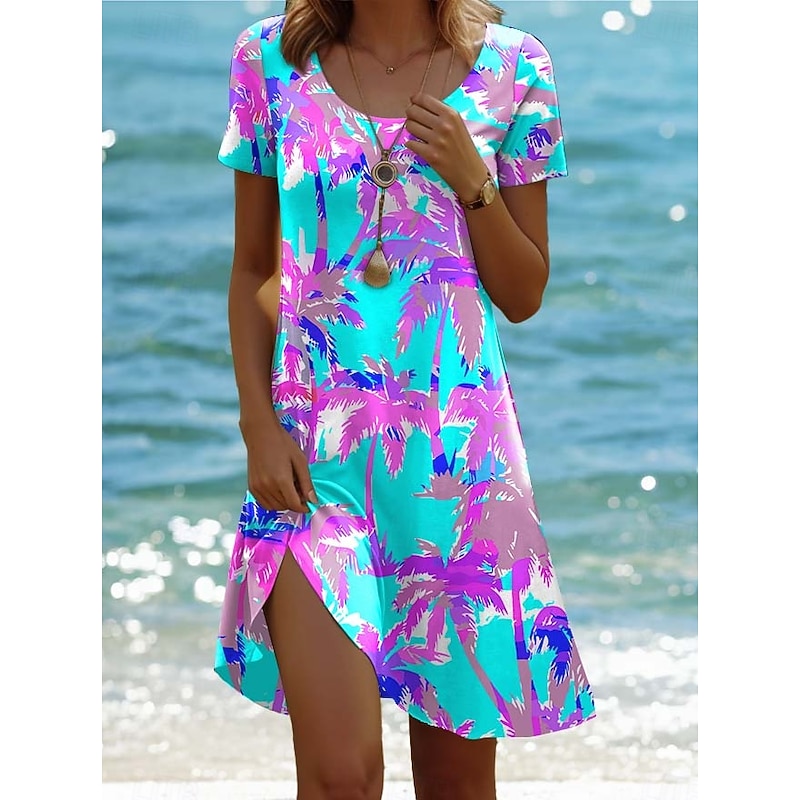 Women's Mini Dress Casual Dress Bohemia Vacation Tropical Cap Sleeve Vacation Holiday Beach Regular Fit Ombre Graphic Tropical Short Sleeve Crew Neck White Pink Blue Purple Summer Spring