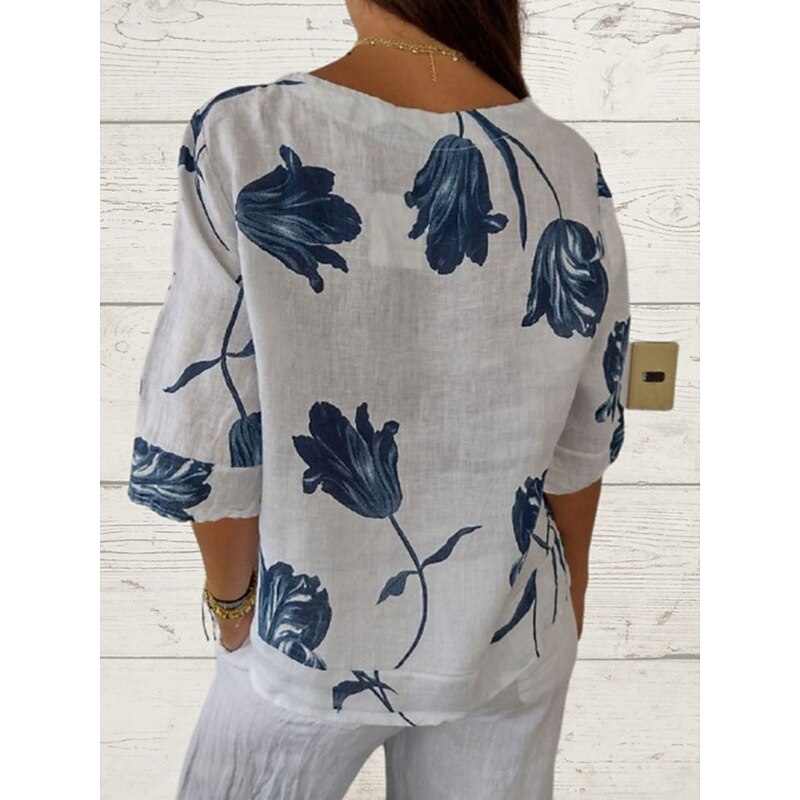 Women's Shirt Cotton Linen Shirts Button Up Blouse Graphic Elegant Daily Stylish 3/4 Length Sleeve V Neck Regular Tops Daily Holiday Going out Buttons Print White Pink Red Green Violet Summer Spring2