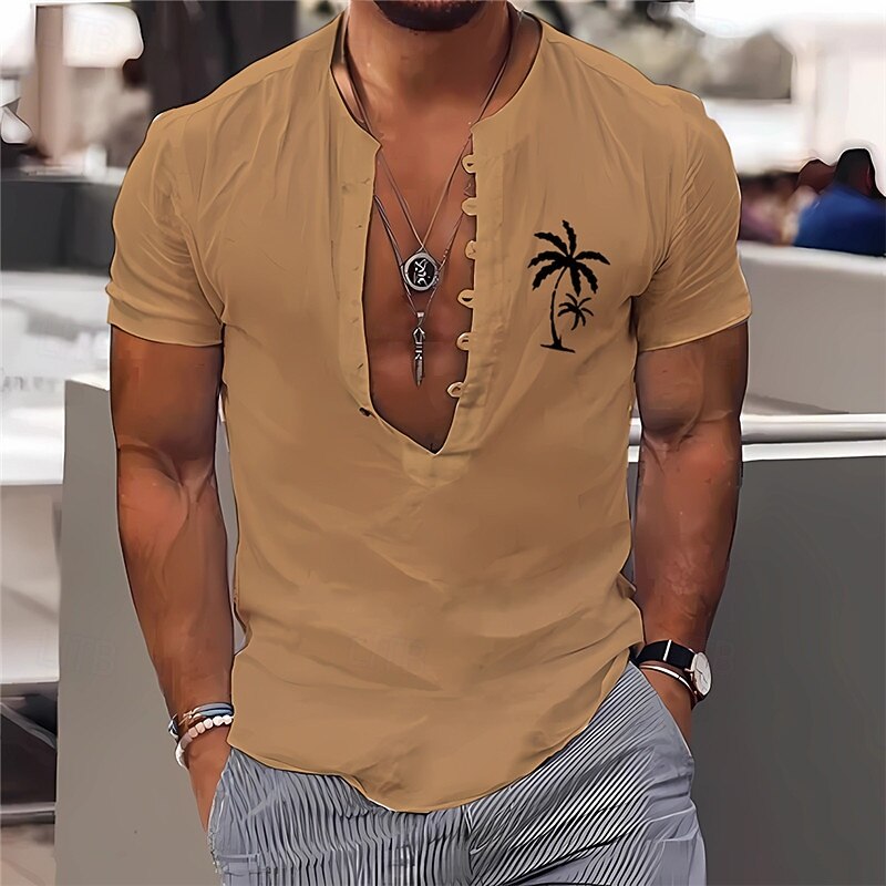 Men's Shirt Minimalist Aloha Shirt Popover Shirt Summer Shirt Casual Shirt Beach Shirt Black White Light Green Blue khaki Short Sleeve Classic Band Collar Henley Vacation Hawaiian Buckle Clothing2