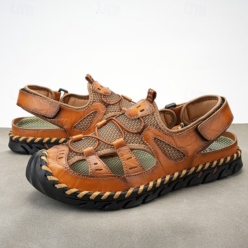 Men's Sandals Handmade Shoes Split Leather Breathable Comfortable Slip Resistant Lace-up Yellow-Brown Black Brown3