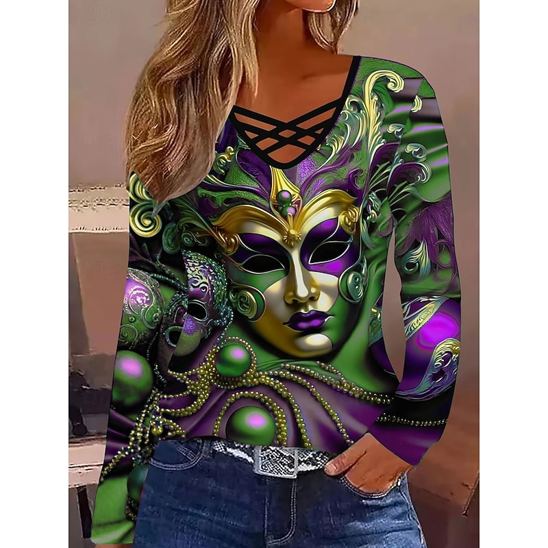 Mardi Gras Women's T shirt Long Sleeve Tee Graphic Casual Long Sleeve V Neck Regular Tops Daily Cut Out Print Purple Green Spring Fall Prefall4
