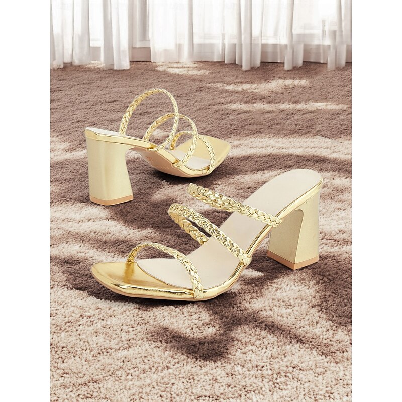 Women's Gold Strappy Open-Toe Heeled Sandals with Braided Detailing – Elegant and Comfortable for Formal or Casual Events2