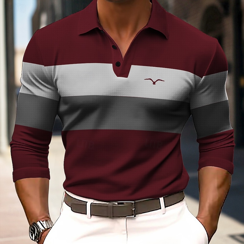 Men's Striped Rugby Polo Shirts Long Sleeve Polo Shirts Collared Shirts Business Casual School Athleisure Daily Wear 3D Print Spring Fall Winter Black Dark Blue Drak Red