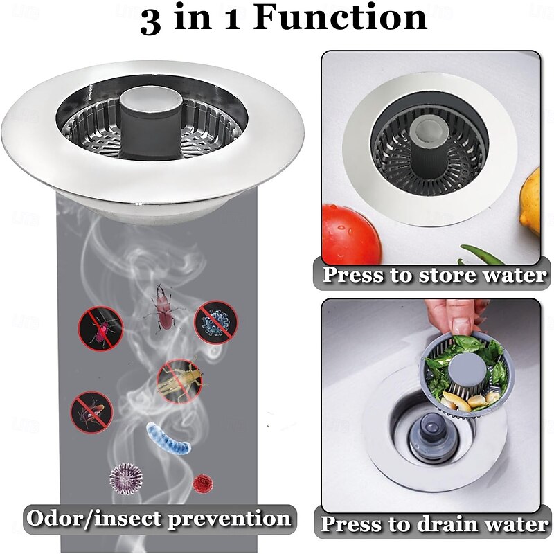 3 in 1 Kitchen Sink Stopper, Pop Up Kitchen Sink Drain Strainer, with An Extra Basket Strainer, Kitchen Sink Drain Stopper for US Standard 3-1/2 Inch, Brass Material Electroplate Silver4