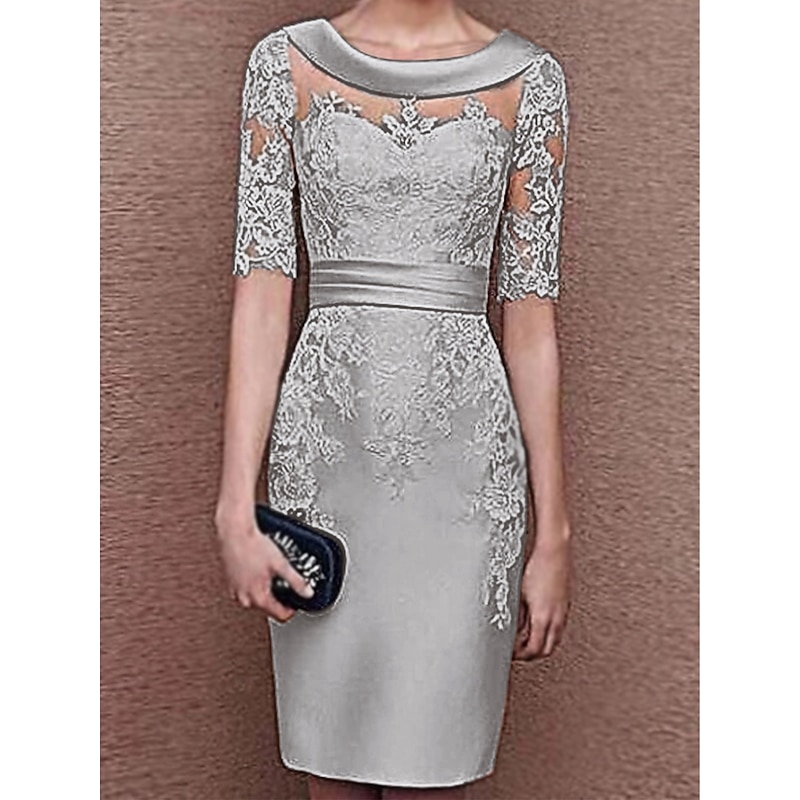 Sheath Mother of the Bride Dress Wedding Guest Elegant Vintage Jewel Neck Knee Length Satin Lace Short Sleeve with Appliques Race Day Dress 5