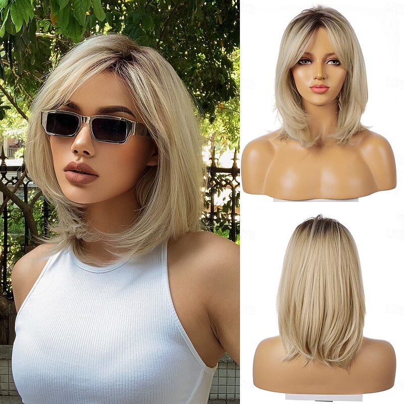 Blonde Wigs for Women Ombre Light Blonde Wig with Bangs Layered Middle Length Synthetic Wig Dark Roots Hair for Daily Party2