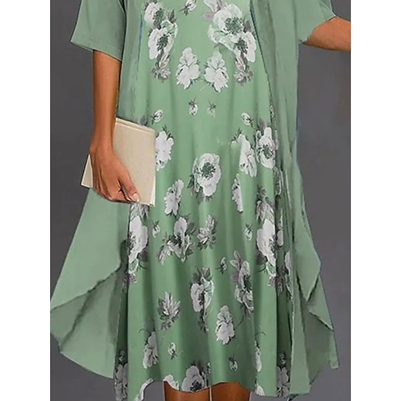 Women's Graduation Dress Midi Dress Chiffon Dress Shift Dress Elegant Daily Loose Fit Floral Half Sleeve Crew Neck Green Summer Spring Fall3