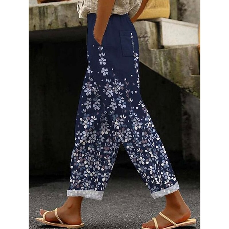 Women's Cotton Linen Pants Baggy Pants Linen Like Elegant Vintage Fashion Full Length High Waist Floral Gradient Printing Breathable Soft Micro-elastic Outdoor Daily Linen Like Navy Regular Fit