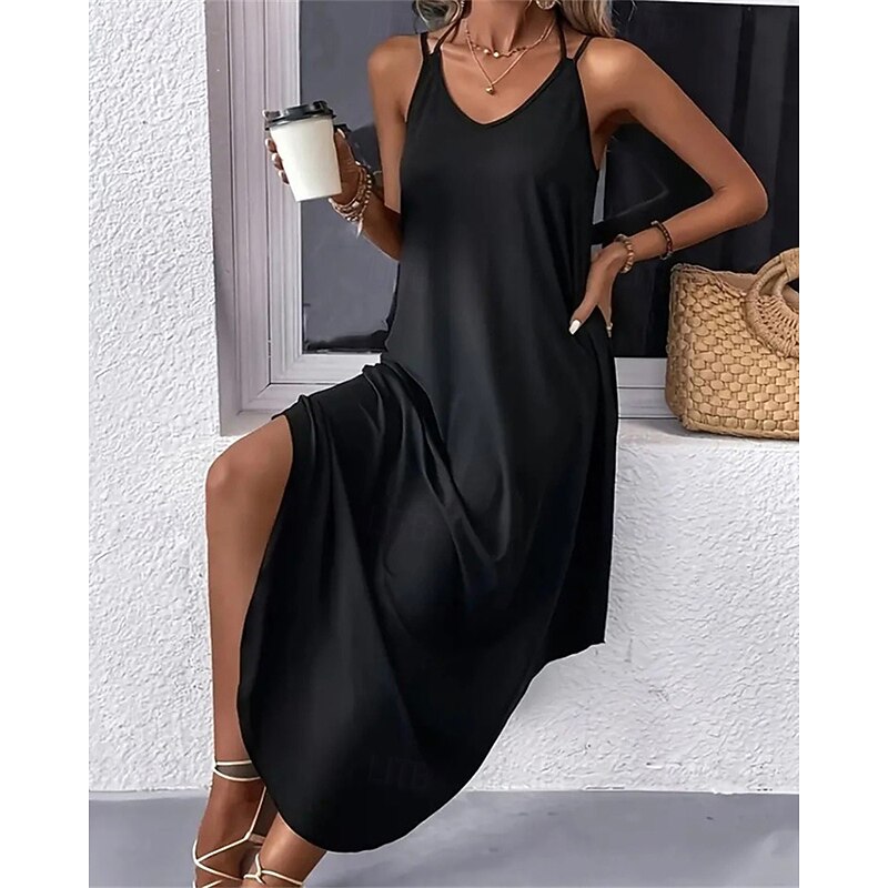 Women's Midi Dress Black Dress Cocktail Dress Formal Dress Stylish Basic Sexy Vacation Daily Regular Fit Plain Sleeveless V Neck Black Wine Army Green Summer2