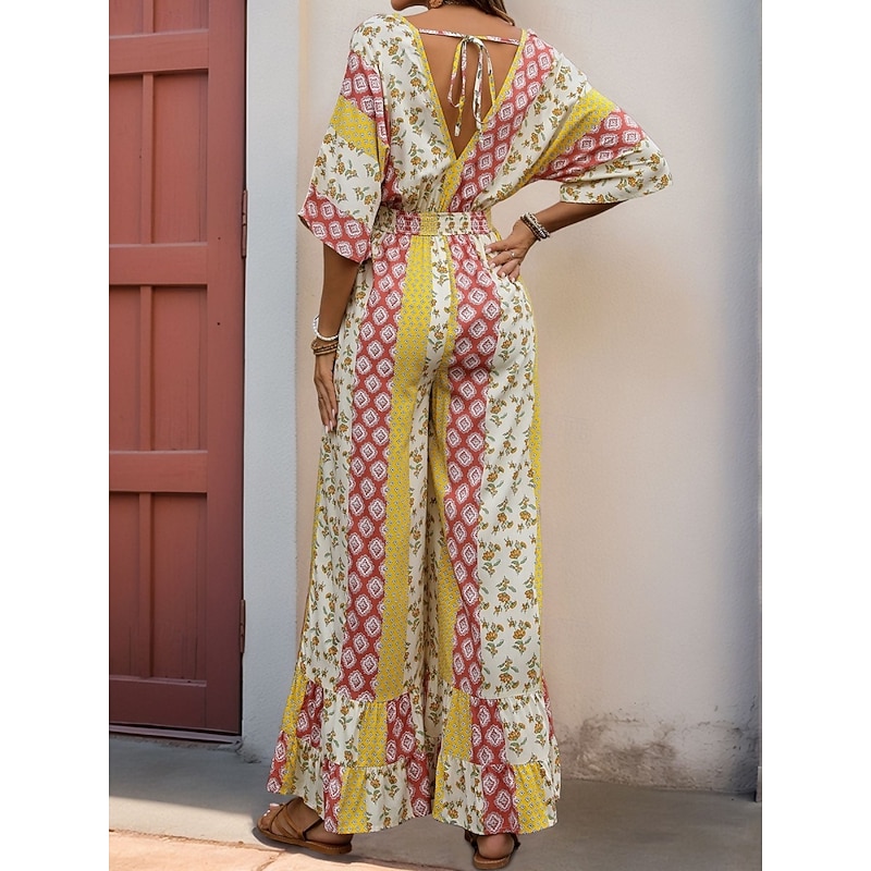 Women's Normal Jumpsuit Holiday Floral 3/4 Length Sleeve V Neck High Waist Vacation Daily Regular Fit Yellow Summer2