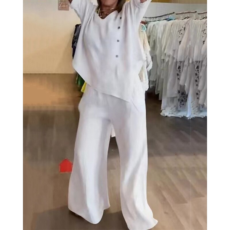Women's Fashion Streetwear Shirt Cotton Linen Sets Two Piece Sets Linen Pants Pants Trousers Long Sleeve V Neck Solid Color Holiday Daily Wear Black White Navy Blue Summer Regular Fit